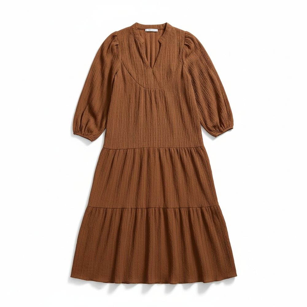 Mango Violeta Brown Tiered Midi Dress Puff Sleeve Boho Prairie Lagenlook